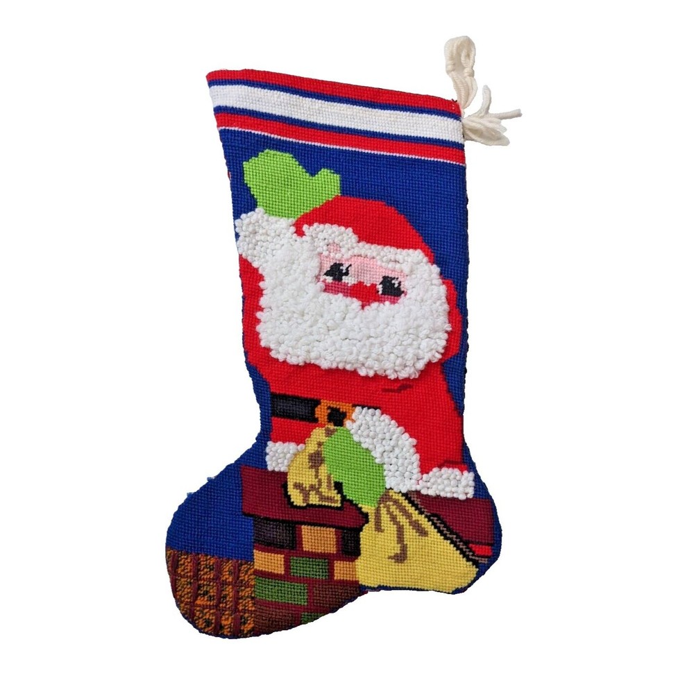 Vintage Needlepoint Christmas‎ Stocking Handmade Santa in Chimney Kitsch Retro